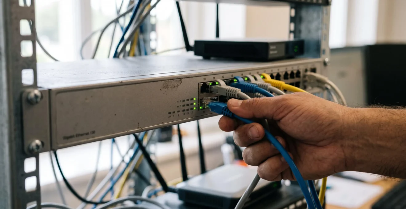 Une main branche un câble ethernet sur un commutateur réseau d'entreprise.